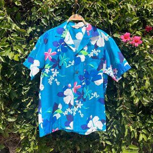 60's Royal Hawaiian Bright Blue Floral Shirt - Short Sleeve - Size Med/Large